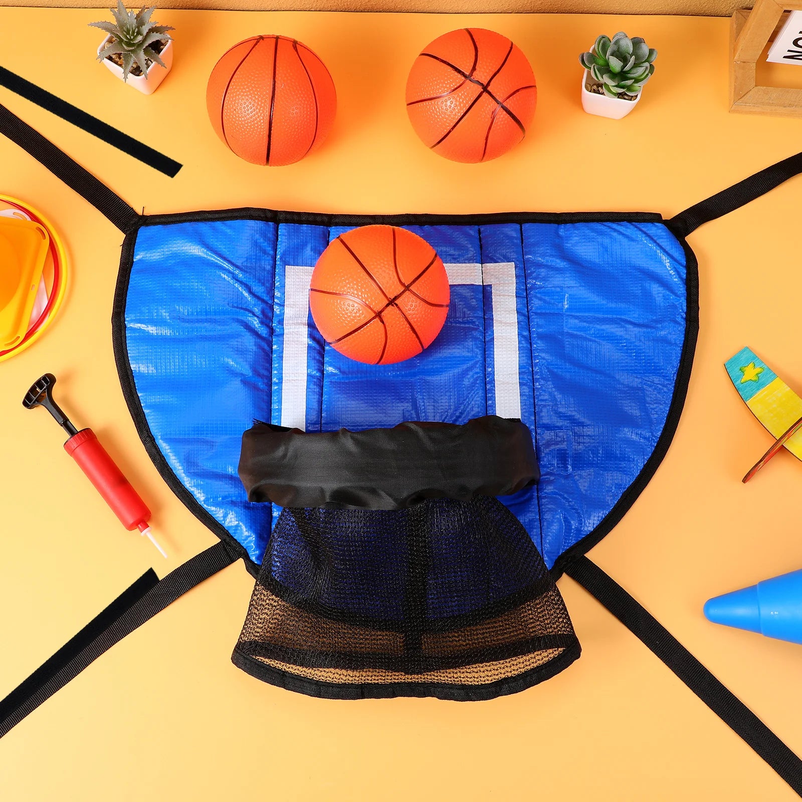 1 Set Trampoline Basketball Hoop – Complete Indoor Game Kit with PVC Hoop, Basketballs, and Inflator, Compact and Easy to Install